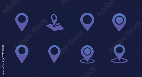 Location pin markers indicating points on a dark blue map for navigation and travel, showcasing modern simplicity and digital connectivity.