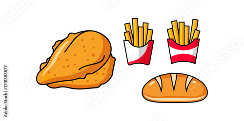 Fried chicken french fries and bread illustration