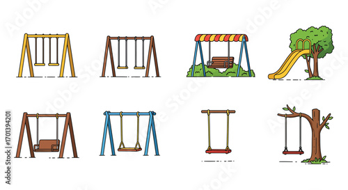 various playground equipment including swings slides and treehouse structures