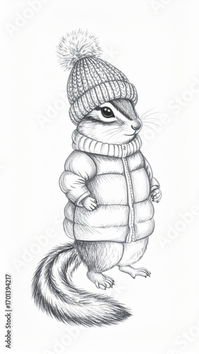 Adorable Chipmunk Wearing Winter Hat and Puffer Coat Black and White Illustration on White Background