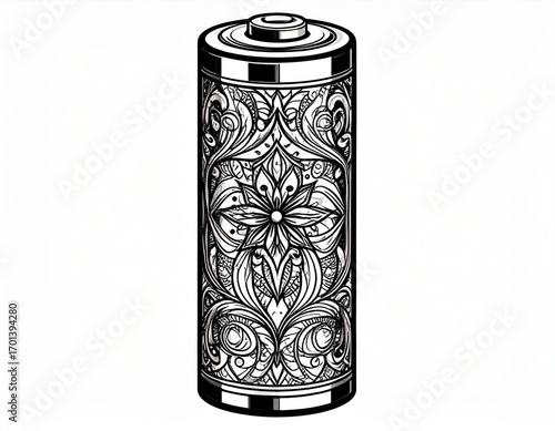 Ornate Black and White Battery Illustration with Floral Ornamentation Isolated on White Background