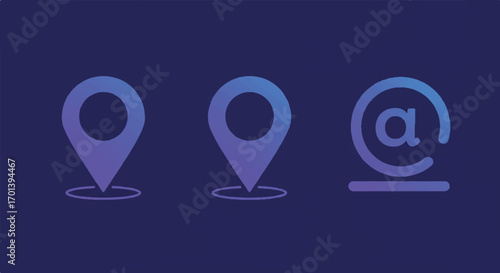 Location pin and email symbol representing contact information on a dark blue gradient backdrop, suggesting modern communication and connectivity.