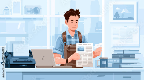 Man reading newspaper in office