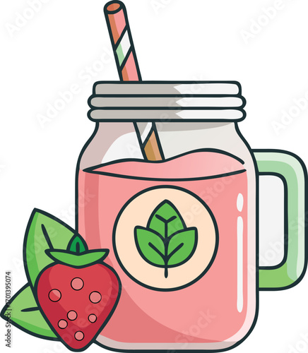 Pink strawberry smoothie in mason jar with straw and leaf icon pink drink