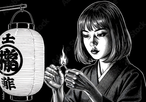 Pensive young woman in kimono lighting a lantern with a match in a dark, traditional Japanese setting, evoking a sense of mystery and contemplation.
