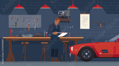Mechanic working in garage with tools and car