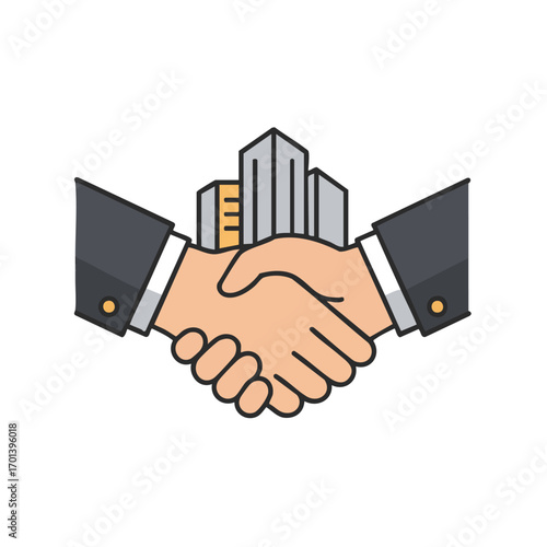 A clear illustration of a business handshake, with urban buildings, symbolizing a successful real estate deal, corporate partnership, or development.