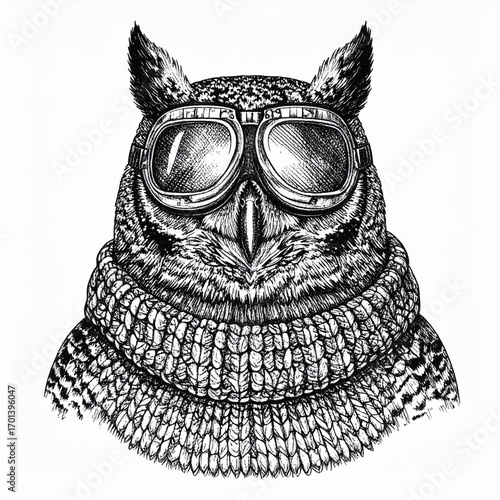 Detailed Engraving of an Owl Wearing Goggles and Scarf on White Background