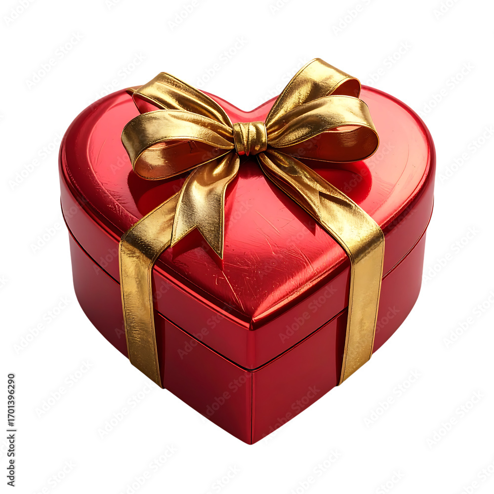 Fototapeta premium Red Heart Shaped Gift Box With Gold Ribbon Close Up