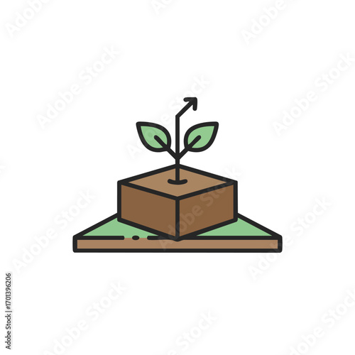 A stylized icon illustrating a young plant sprouting from a fertile soil block, symbolizing sustainable agriculture, growth, and environmental development.