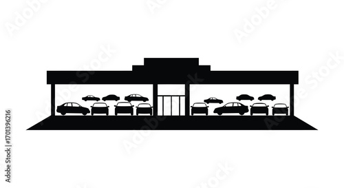 a simple silhouette of cars parked outside a building