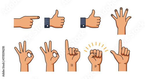 various hand gestures showing communication signals and expressions