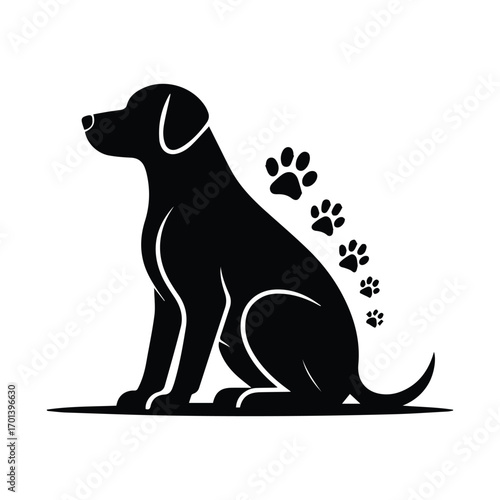 Elegant silhouette of a sitting dog with paw prints conveys loyalty and companionship