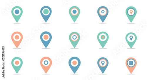 Collection of colorful map pointers indicates location on white surface, creating a clean and modern aesthetic for wayfinding and navigation applications.