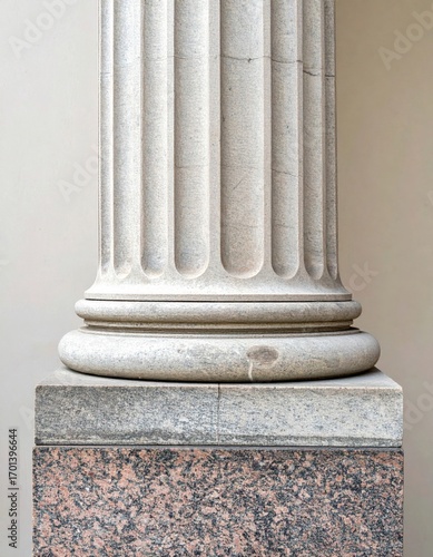 Fluted Column Detail with Granite Base Against Neutral Wall in Daylight