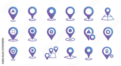 Collection of location pin symbols in various shapes and styles indicating places on a map with a modern and clean aesthetic.