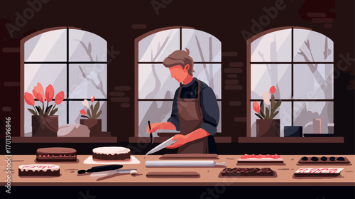 Pastry chef decorating cakes