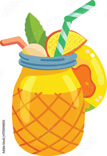 Yellow pineapple shaped jar filled with tropical smoothie and fruits drink