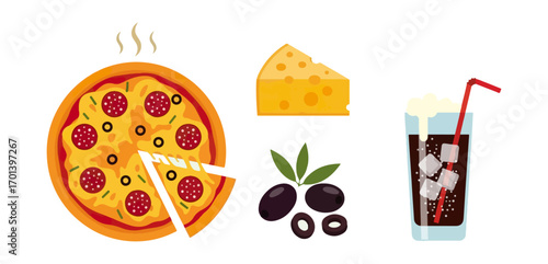 Pizza cheese soda and olives food illustration