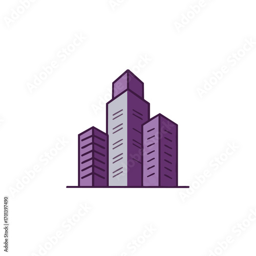 A modern and stylized vector illustration depicts a cluster of three purple high-rise buildings, symbolizing urban development and contemporary architecture.