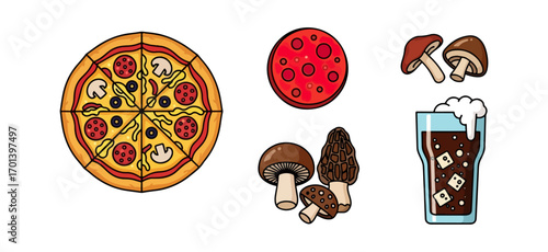 Pizza mushrooms and soda drink illustration