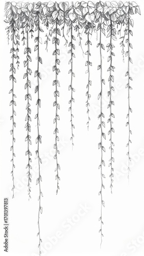Hanging Floral Vines Cascading Down with Intricate Leaf Pattern on White Background Illustration