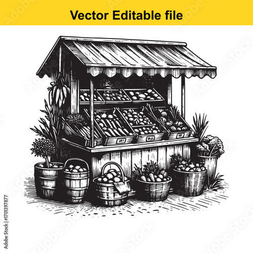 Hand drawn sketch of a fruit and vegetable stand with awning and baskets