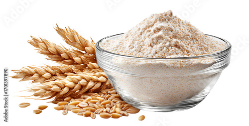 Wheat flour in a glass bowl with wheat ears and grains isolated on transparent background