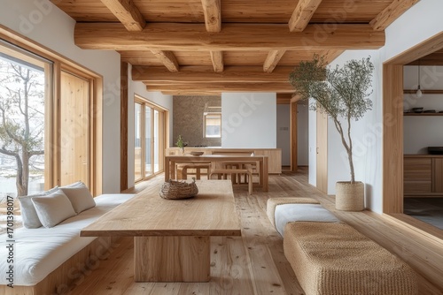 Natural wood furniture in minimalist dining room. Scandinavian style home interior design of modern living room, Generative AI