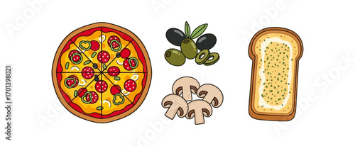 Pizza olives mushrooms and garlic bread flat lay