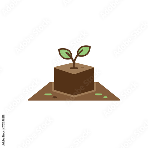 A vibrant green sprout with two leaves emerges from a brown soil cube, symbolizing new beginnings, growth, and eco-friendly practices, presented as a flat icon.