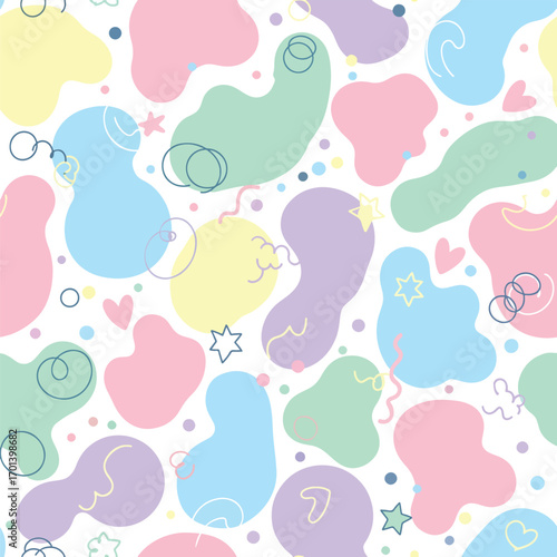 Pastel abstract blobs with stars, hearts, and swirls on a white background, patern seamless, Stock royalty free.