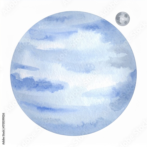 Watercolor Blue and White Planet with Cloudy Texture and a Small Gray Moon Illustration on White Background