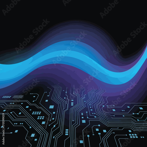 Vector Circuit Wave: Futuristic Blue and Purple Vector Art of Digital Circuit Board with Flowing Wave.