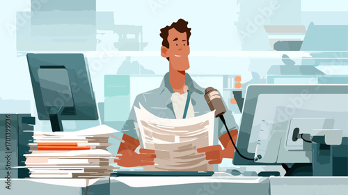 Person reading newspaper in office environment
