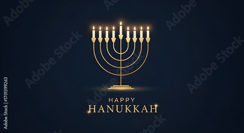 Happy Hanukkah greeting with gold menorah on blue background