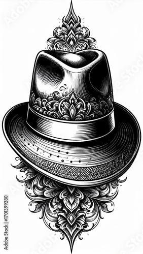 Monochrome Ornate Hat Illustration with Intricate Floral Accents on White Background for Decorative Apparel