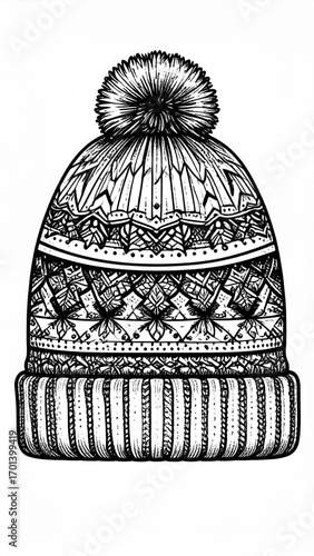 Detailed Line Art of Knitted Winter Hat with Pom Pom on White Background