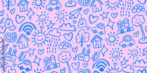 Whimsical blue doodle pattern of childrens drawings on a pink background