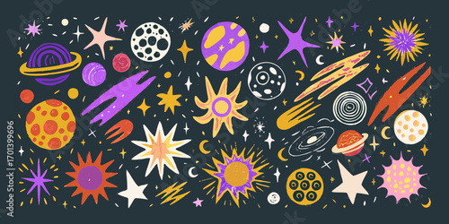 Whimsical hand drawn space pattern with planets stars and comets in vibrant colors