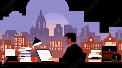Person working at desk with city view