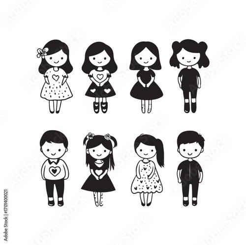 A love-themed set of children's clothing vector icons, featuring cute and adorable designs such as heart-shaped t-shirts with symbols of affection.