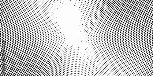 Abstract radial halftone dot pattern with a central white void and black dots creating a textured background effect