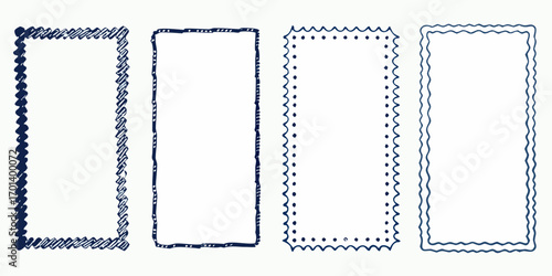 Collection of four hand drawn rectangular frames with different decorative borders in dark blue ink on white background