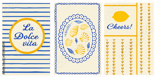 Set of three decorative cards with italian phrase la dolce vita seashells and lemon with cheers message