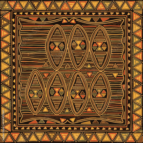 Ornate tribal textile design with earth tone colors and geometric patterns, seamless pattern, Stock royalty.