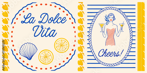 La dolce vita illustration with a woman toasting and lemons and seashells celebrating the sweet life