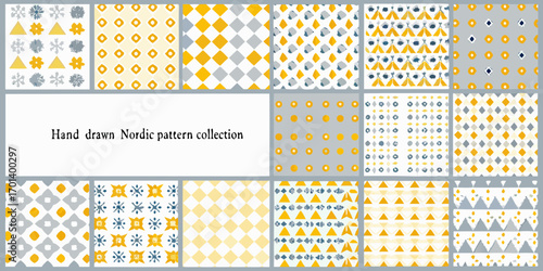 Collection of hand drawn seamless nordic inspired patterns in yellow grey and blue colors