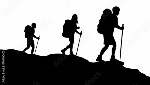 Silhouette of three people hiking uphill with backpacks and trekking poles against a white background scene