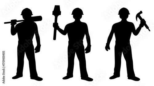 Three construction worker silhouettes holding a bat, wrench, and hammer in a graphic design